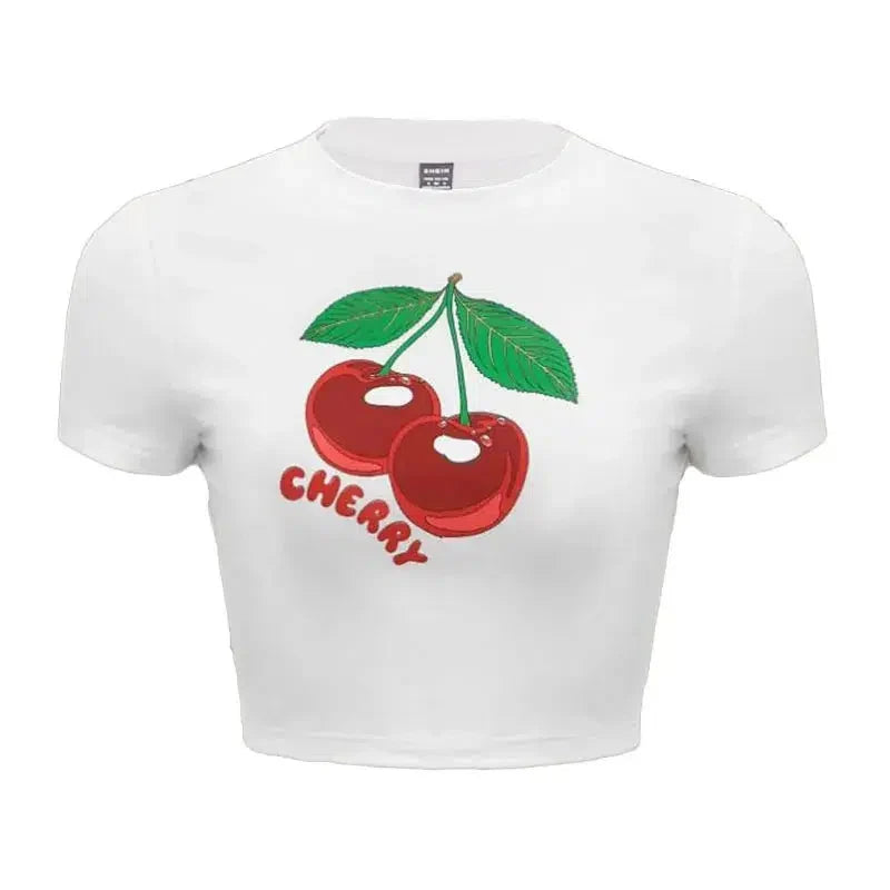 Cherry White Graphic Crop Top — vista frontale