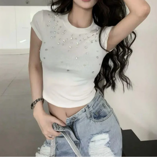 Chic Faux Water Gems Crop Top — vista frontale