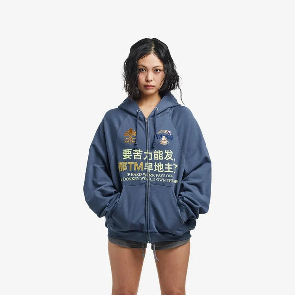 Y2K Chinese Character Embroidered Zip Up Hoodie
