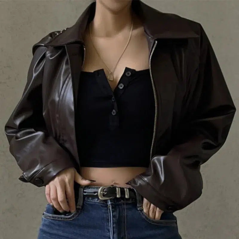 Collar Brown Leather Jacket — dettaglio