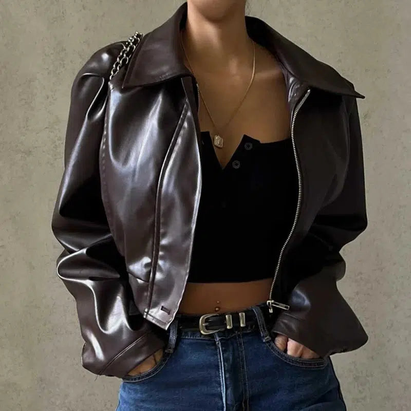 Collar Brown Leather Jacket — vista frontale
