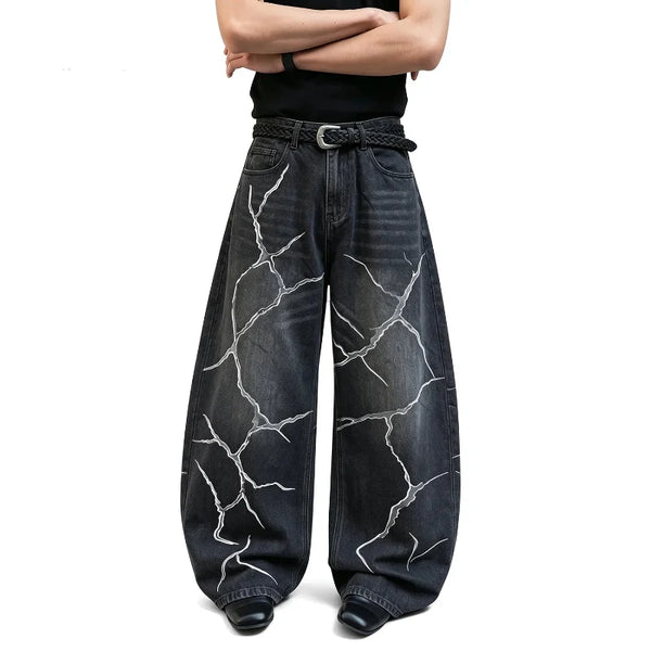 Y2K Cracked Graphic Baggy Wide Leg Barrel Jeans