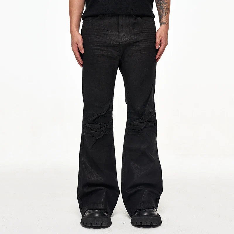 Crease Textured Wide Leg Micro Slim Fit Boot Cut Black Jeans — vista posteriore