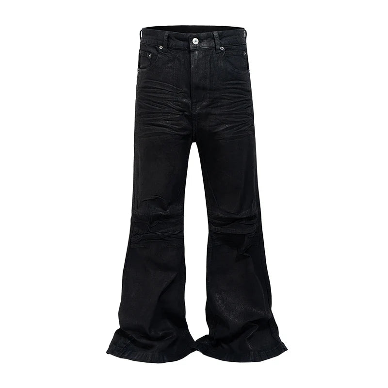 Crease Textured Wide Leg Micro Slim Fit Boot Cut Black Jeans — vista laterale