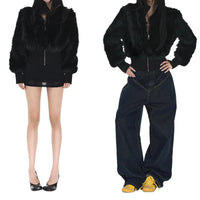 Cropped Black Faux Fur Zip Up Jacket — dettaglio