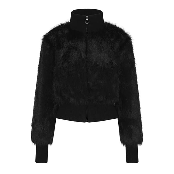 Cropped Black Faux Fur Zip Up Jacket — vista frontale