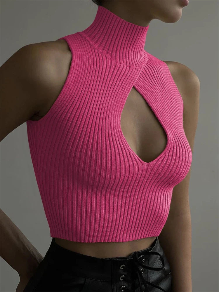 Cropped Turtleneck Ribbed Sleeveless Low Cut Top — dettaglio