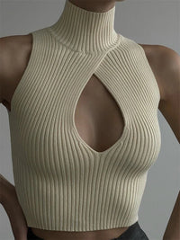 Cropped Turtleneck Ribbed Sleeveless Low Cut Top — vista laterale