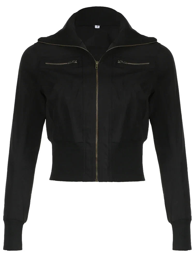 Cropped Zip Up Slim Turtleneck Bomber Jacket — vista frontale
