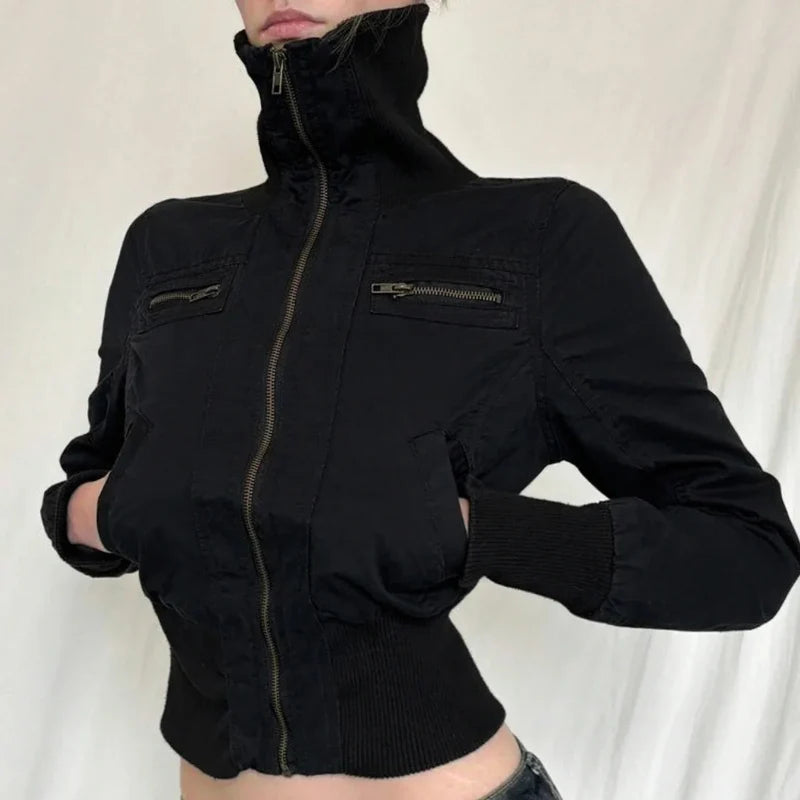 Cropped Zip Up Slim Turtleneck Bomber Jacket — dettaglio