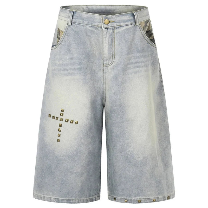 Cross Rivet Denim Shorts Jorts — vista frontale