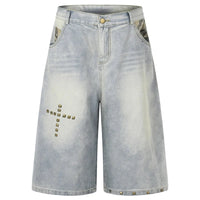 Cross Rivet Denim Shorts Jorts — vista frontale