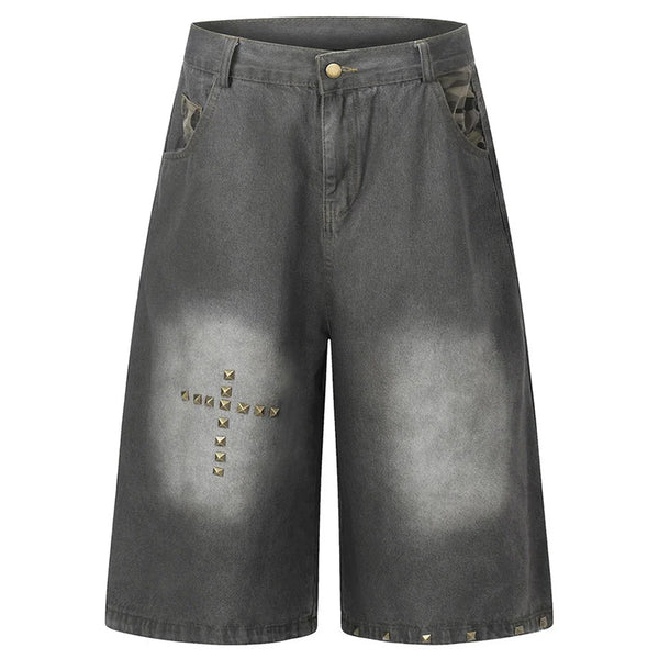 Y2K Cross Rivet Denim Shorts Jorts