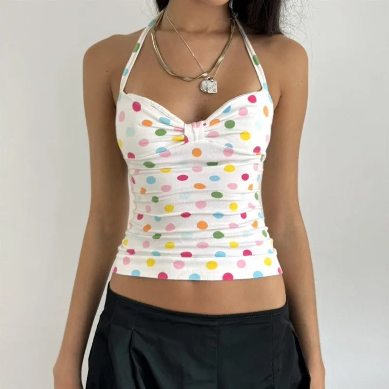 Cute Girl Polka Dot Print Halter Vest Crop Top — vista frontale