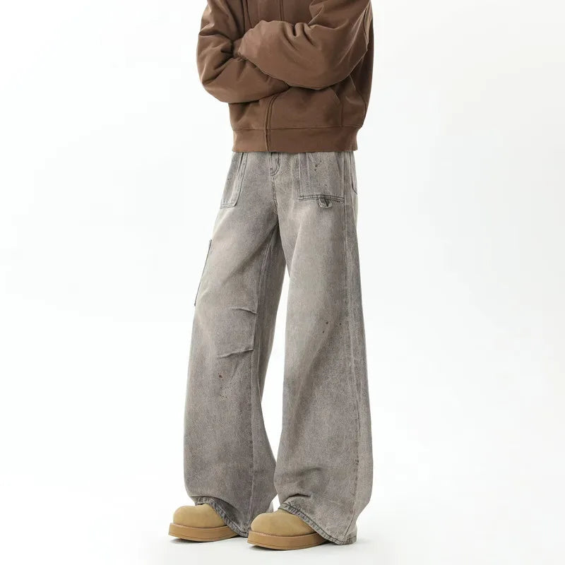Cyber Distressed Grey Pleated Baggy Boot Cut Cargo Jeans — dettaglio