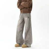 Cyber Distressed Grey Pleated Baggy Boot Cut Cargo Jeans — dettaglio