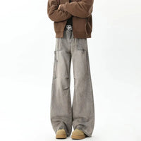 Cyber Distressed Grey Pleated Baggy Boot Cut Cargo Jeans — dettaglio della stampa