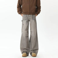 Cyber Distressed Grey Pleated Baggy Boot Cut Cargo Jeans — vista posteriore