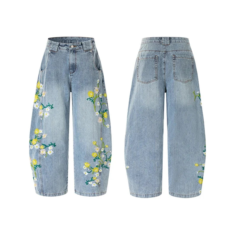 Daffodil and Daisies Floral Embroidered Baggy Barrel Jeans — vista laterale
