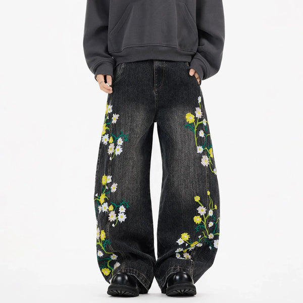 Daffodil and Daisies Floral Embroidered Baggy Barrel Jeans — vista frontale