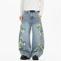 Daffodil and Daisies Floral Embroidered Baggy Barrel Jeans — vista posteriore
