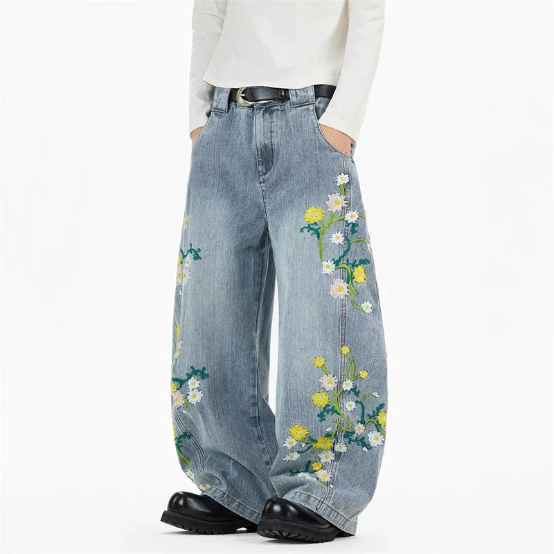 Daffodil and Daisies Floral Embroidered Baggy Barrel Jeans — dettaglio