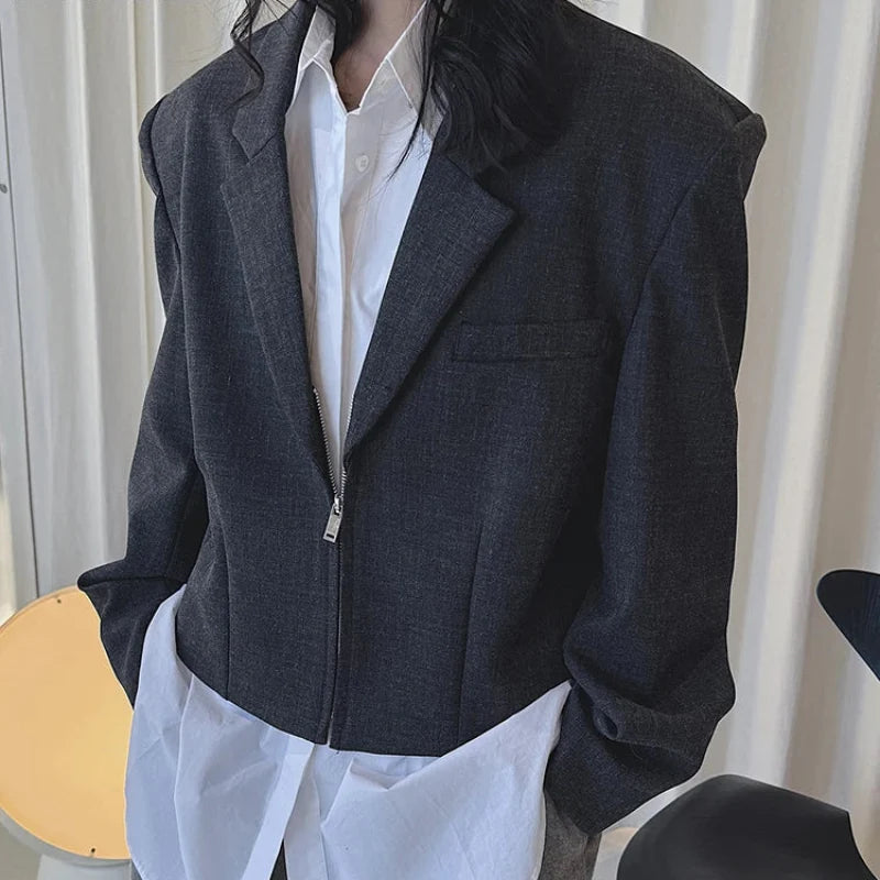 Dark Grey Shoulder Padded Cropped Blazer — vista posteriore