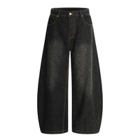 Dark Leopard Print Baggy Denim Curved Barrel Jeans — vista posteriore