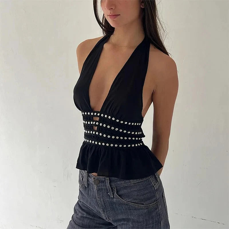 Deep V Neck Studded Black Halter Top — dettaglio