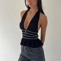 Deep V Neck Studded Black Halter Top — dettaglio