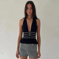Deep V Neck Studded Black Halter Top — in alternativa
