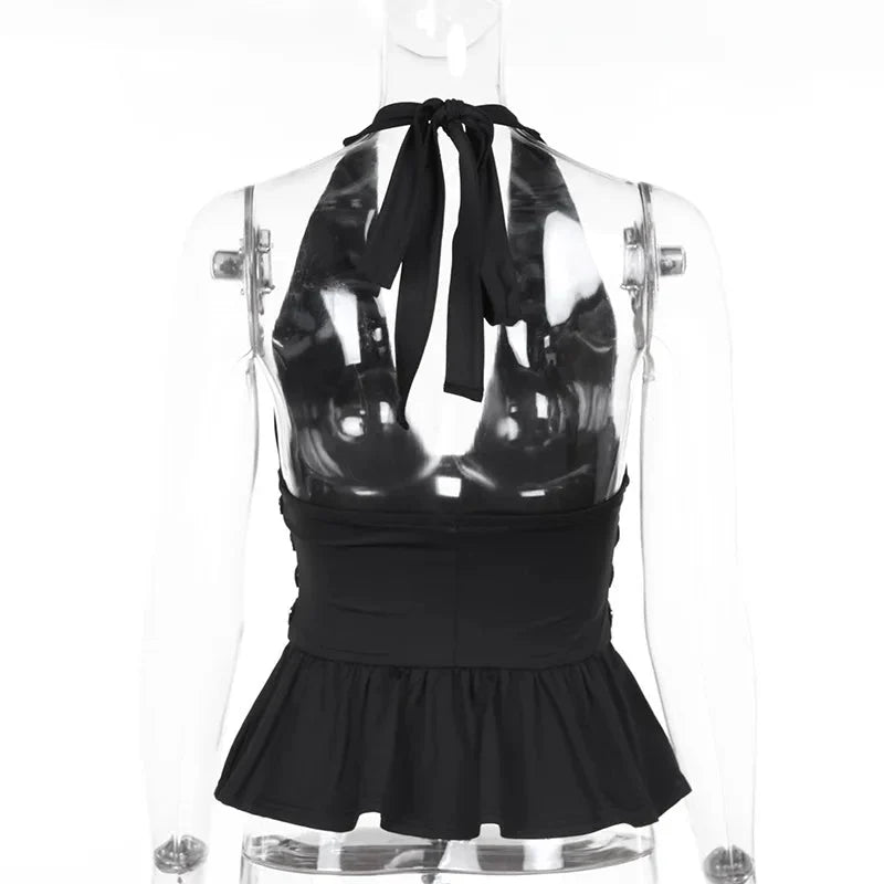 Deep V Neck Studded Black Halter Top — vista laterale