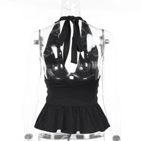 Deep V Neck Studded Black Halter Top — vista laterale
