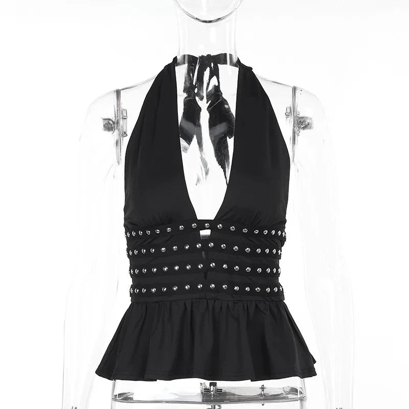 Deep V Neck Studded Black Halter Top — vista frontale