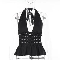 Deep V Neck Studded Black Halter Top — vista frontale