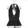 Y2K Deep V-Neck Studded Black Halter Top