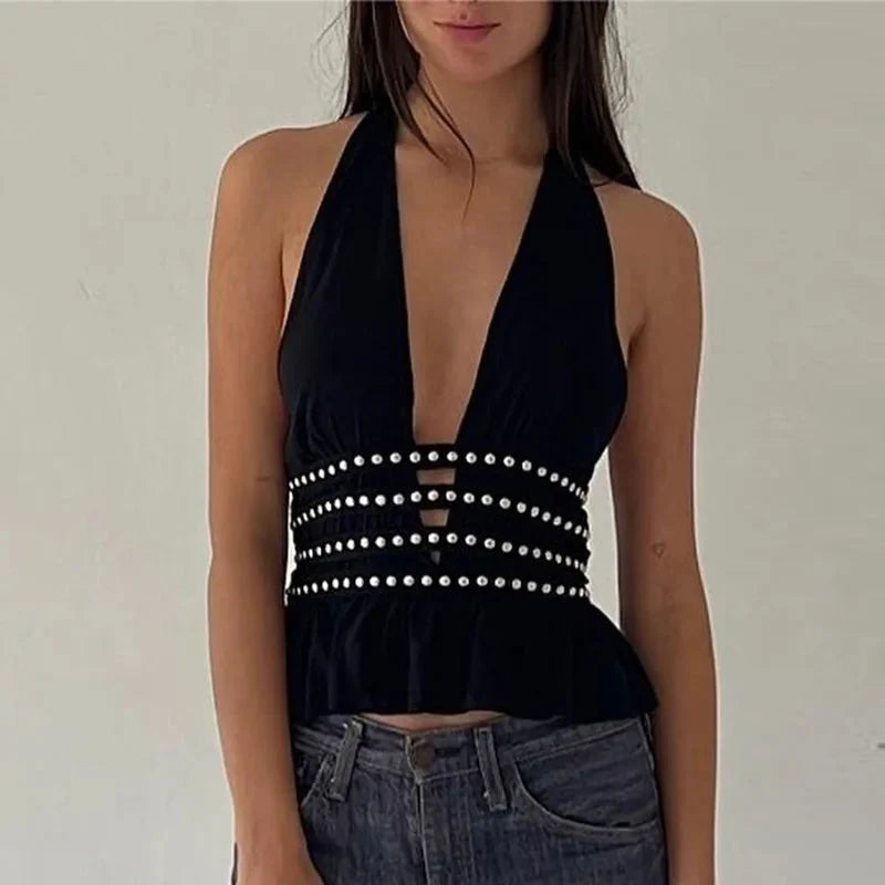 Deep V Neck Studded Black Halter Top — vista posteriore