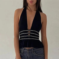 Deep V Neck Studded Black Halter Top — vista posteriore