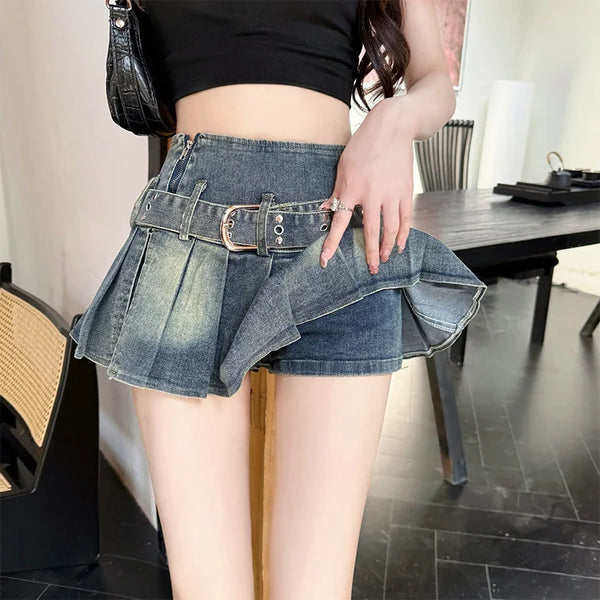 Denim Retro Hight Waist Pleated A Line Mini Skirt — vista frontale