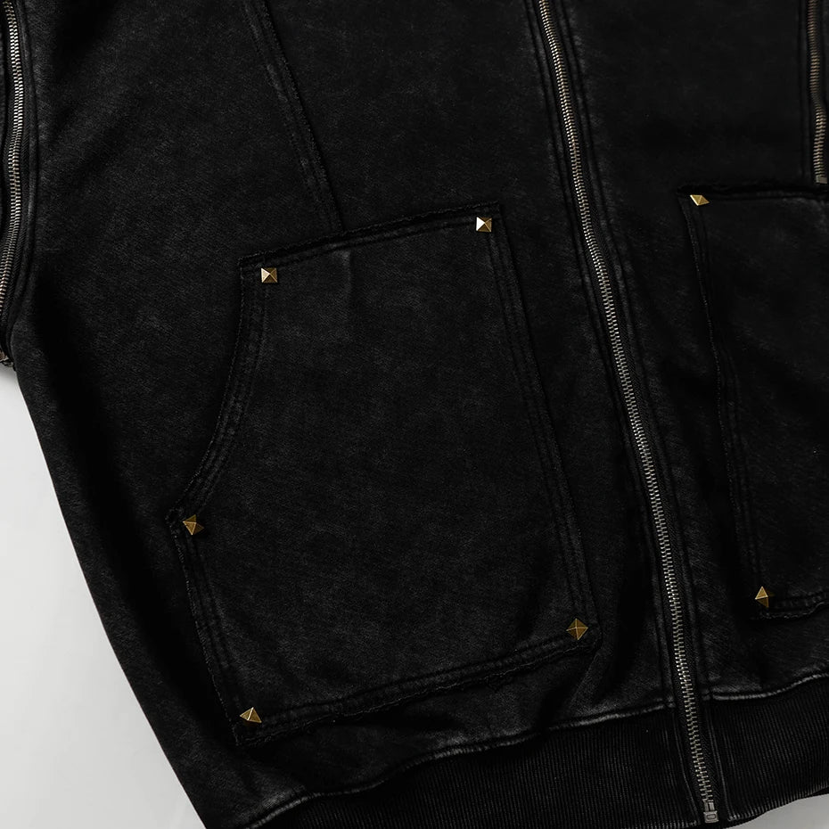 Diamond Rivet Patchwork Full Zip Up Hoodie — vista laterale