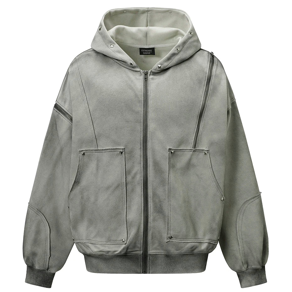 Diamond Rivet Patchwork Full Zip Up Hoodie — vista frontale
