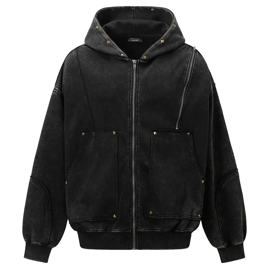 Diamond Rivet Patchwork Full Zip Up Hoodie — vista posteriore