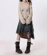 Distressed Hem Irregular A Line Midi Skirt Denim — dettaglio
