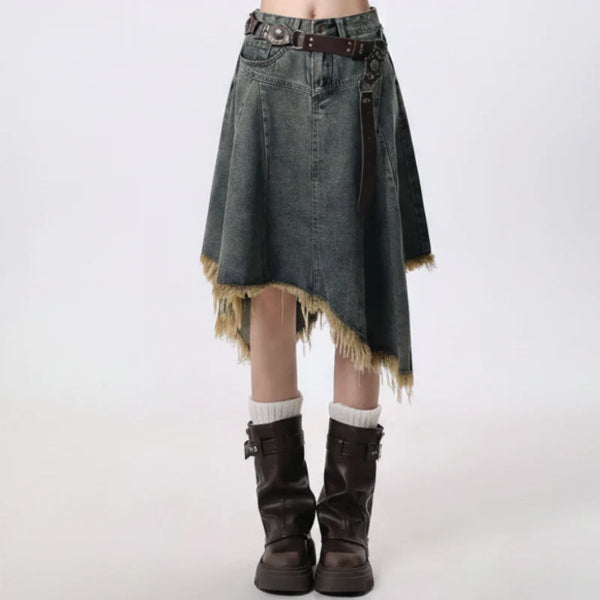 Distressed Hem Irregular A Line Midi Skirt Denim — vista frontale