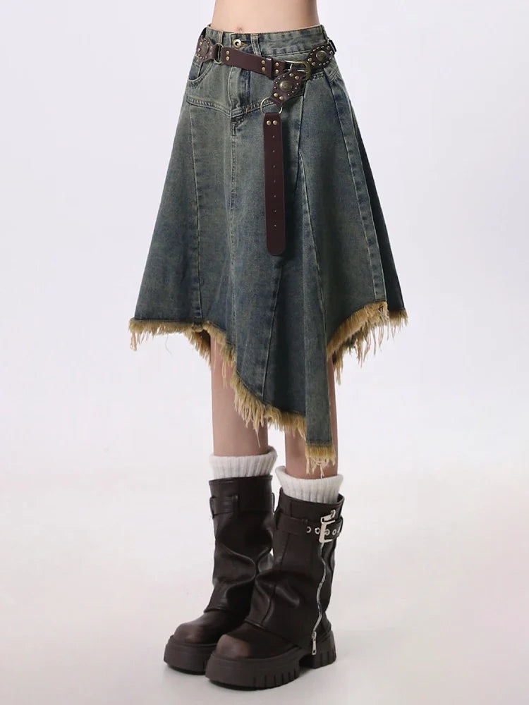 Distressed Hem Irregular A Line Midi Skirt Denim — vista posteriore