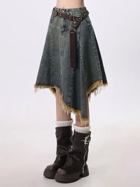 Distressed Hem Irregular A Line Midi Skirt Denim — vista posteriore