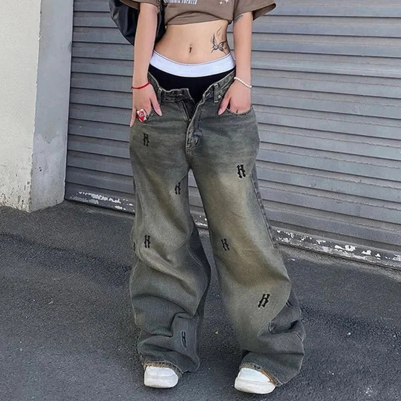 Distressed Low Waist Print Baggy Jeans — dettaglio