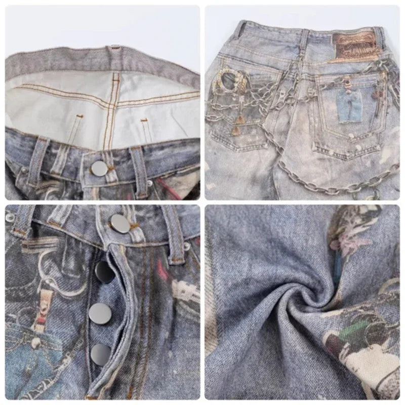 Distressed Printed Baggy Boot Cut Jeans — dettaglio della stampa
