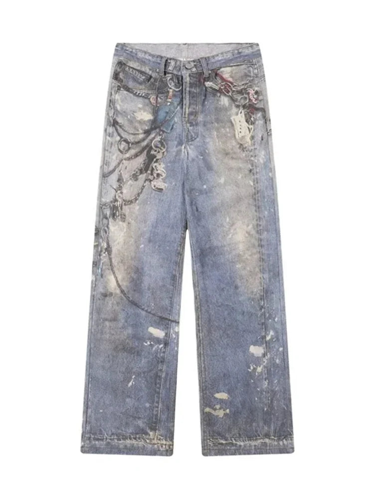 Distressed Printed Baggy Boot Cut Jeans — vista frontale