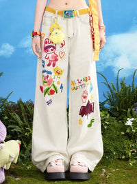 Doodle Graphic Wide Leg Chic Baggy Jeans — dettaglio